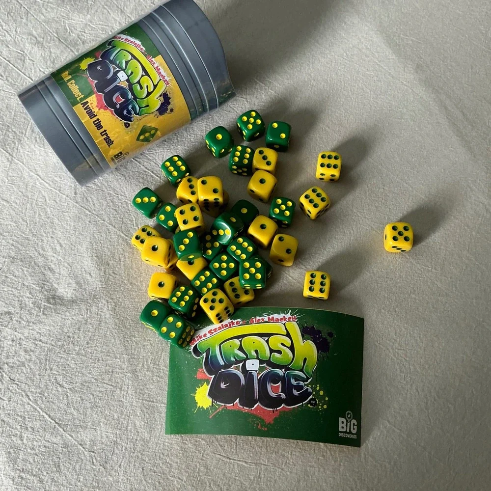 Big Discoveries Trash Dice Game Mike Szalajko Alex Mackey Complete Gray Canister